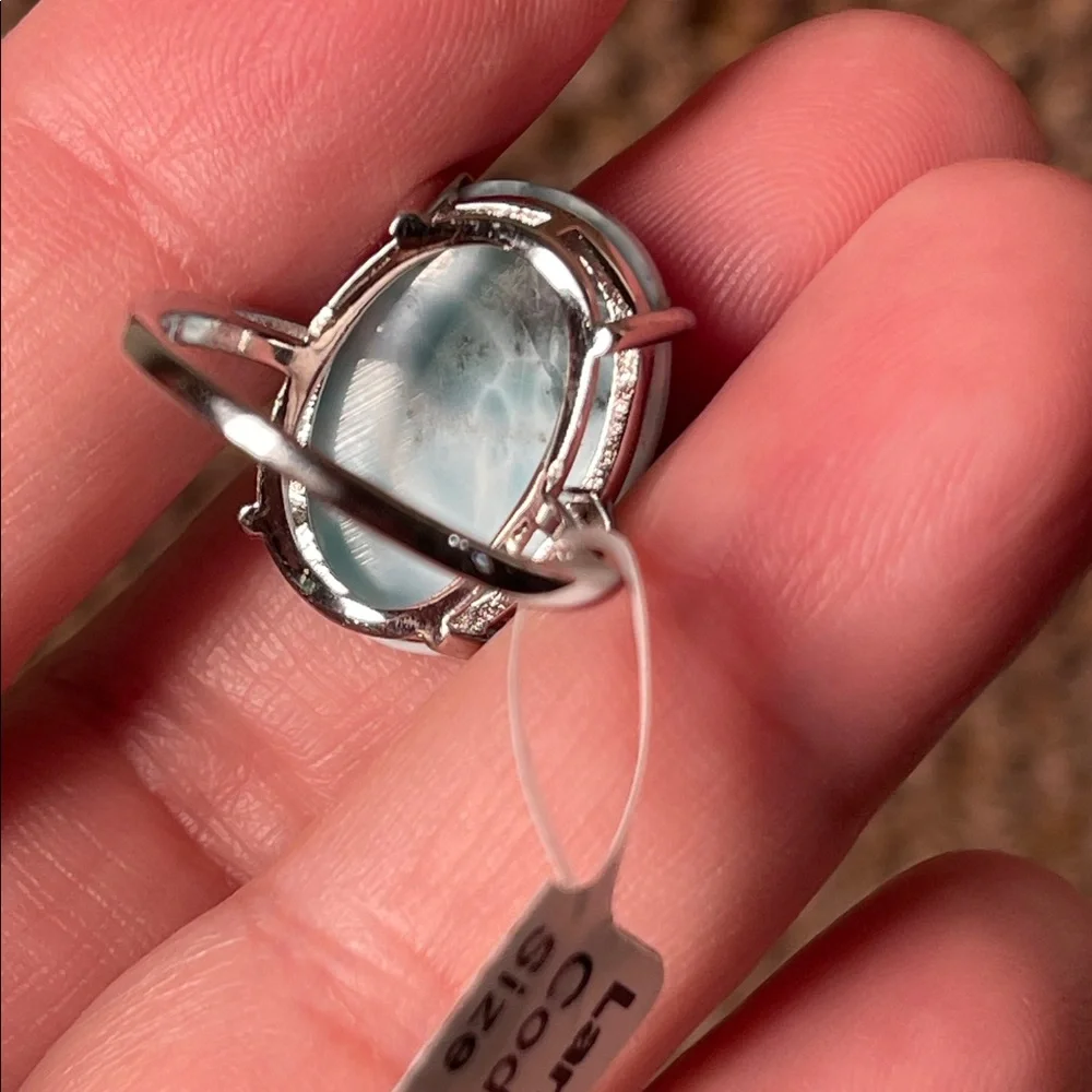 NWT Large Natural Larimar 18.2X13mm in 925 Sterling Silver Ring Size 5